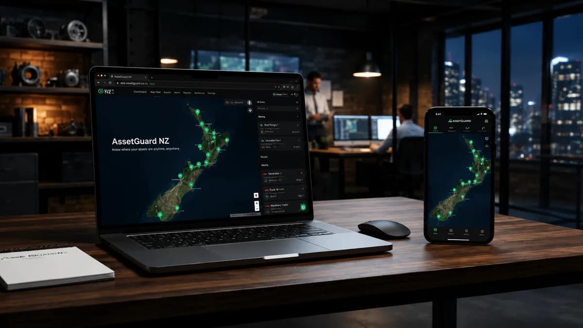 AssetGuard tracking dashboard shown on laptop and phone